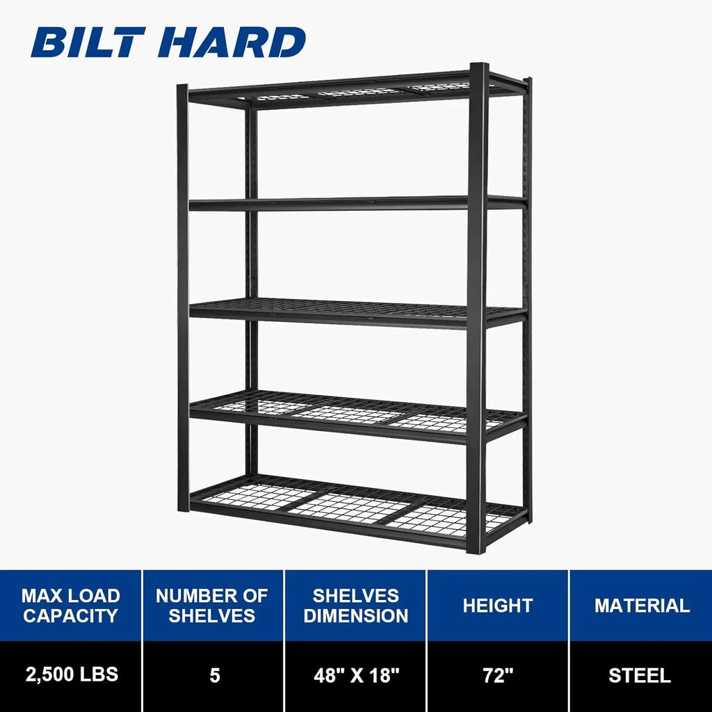 2500LBS 48" W x 18" D x 72" H Heavy Duty Garage Shelving, Adjustable 5-Tier Storage Shelves, Industrial Metal Shelving Units, Steel Organizer Wire Rack, Black-Grease Monkey Garage