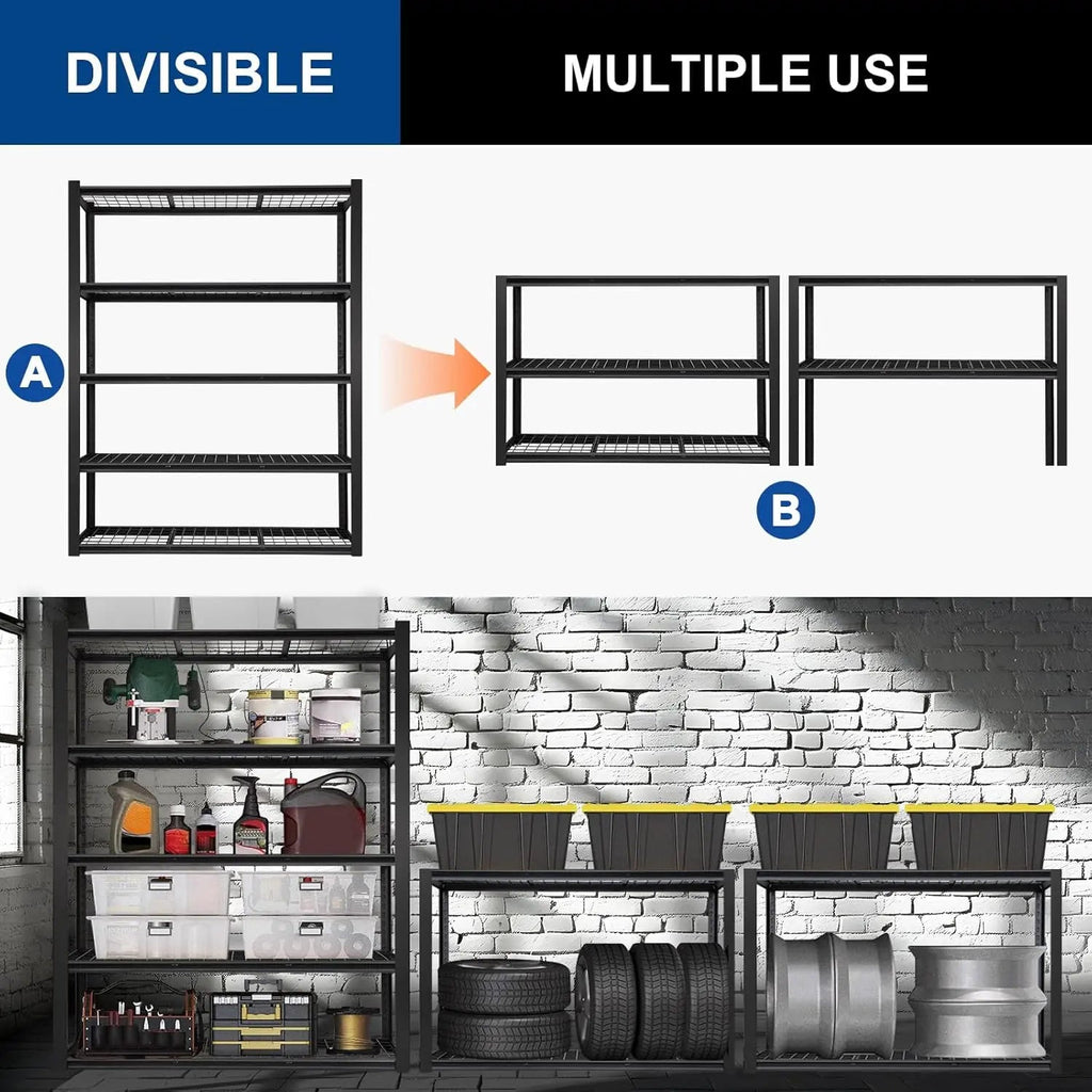 2500LBS 48" W x 18" D x 72" H Heavy Duty Garage Shelving, Adjustable 5-Tier Storage Shelves, Industrial Metal Shelving Units, Steel Organizer Wire Rack, Black-Grease Monkey Garage