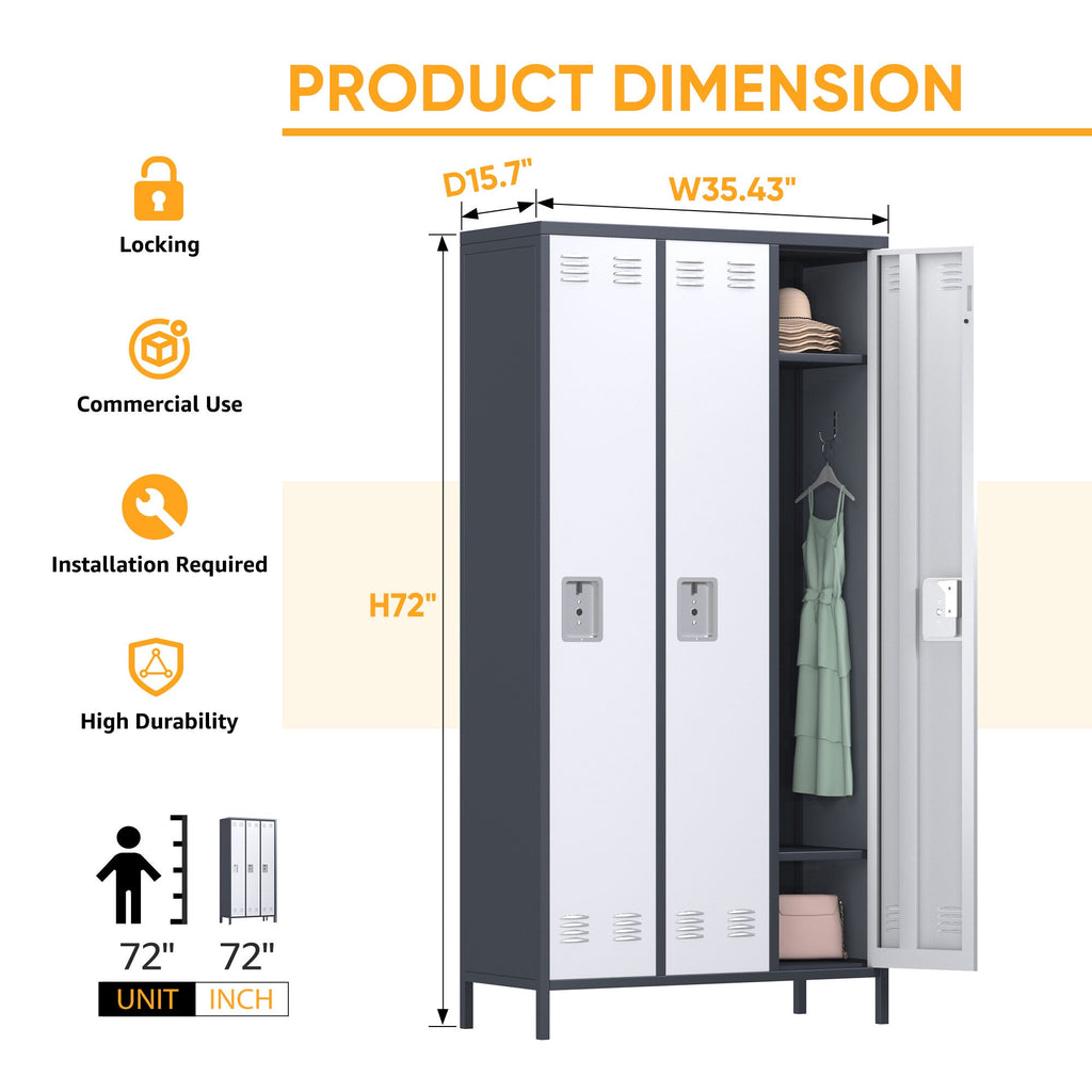 AOBABO 3 Door Steel Storage Cabinet Metal Locker for Office or Bedroom, Gray-*Furniture | Cabinets & Storage | Storage Cabinets & Lockers-Grease Monkey Garage