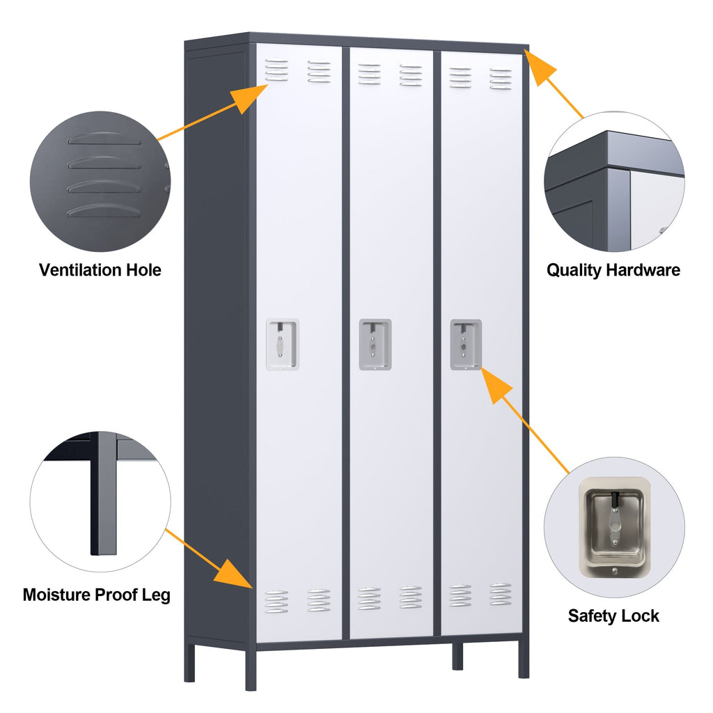 AOBABO 3 Door Steel Storage Cabinet Metal Locker for Office or Bedroom, Gray-*Furniture | Cabinets & Storage | Storage Cabinets & Lockers-Grease Monkey Garage