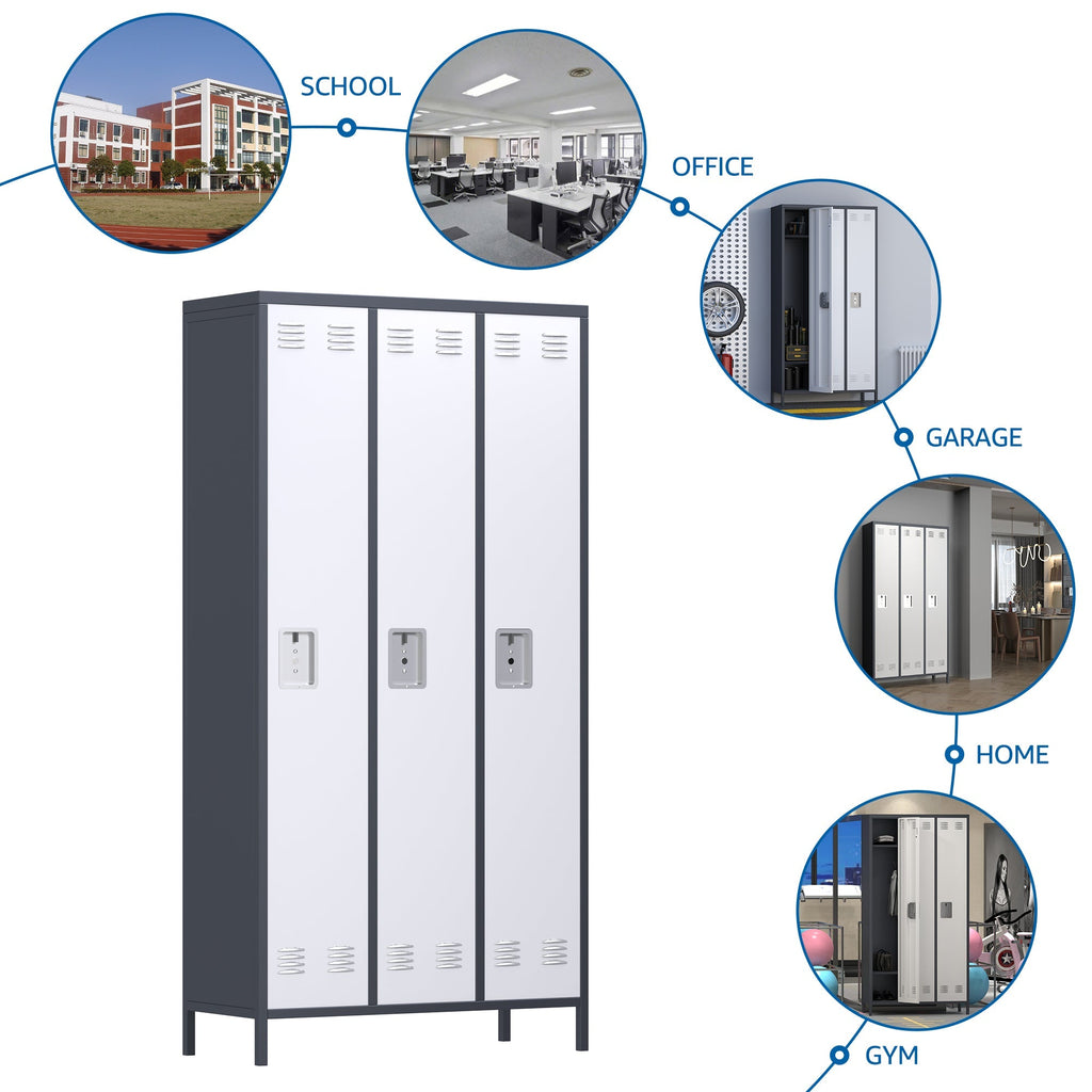 AOBABO 3 Door Steel Storage Cabinet Metal Locker for Office or Bedroom, Gray-*Furniture | Cabinets & Storage | Storage Cabinets & Lockers-Grease Monkey Garage