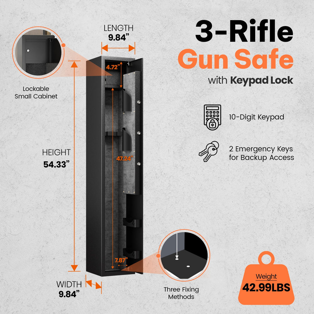 AOBABO 3-Rifle Gun Safe w/ Keypad Lock, Security Cabinet Long Safes Gun Cabinet-*Home&Garden | Business & Home Security | Security Safes-Grease Monkey Garage