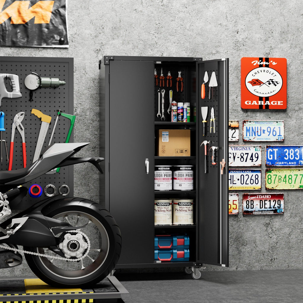 AOBABO 72 Inch Locking Metal Garage Storage Cabinet w/ Wheels & Pegboards, Black-Hardware | Hardware Accessories | Tool Storage & Organization | Tool Cabinets & Chests-Grease Monkey Garage