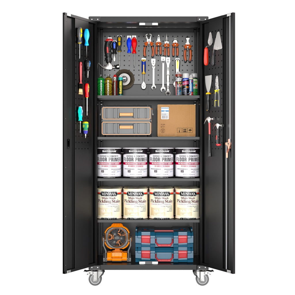 AOBABO 72 Inch Locking Metal Garage Storage Cabinet w/ Wheels & Pegboards, Black-Hardware | Hardware Accessories | Tool Storage & Organization | Tool Cabinets & Chests-Grease Monkey Garage