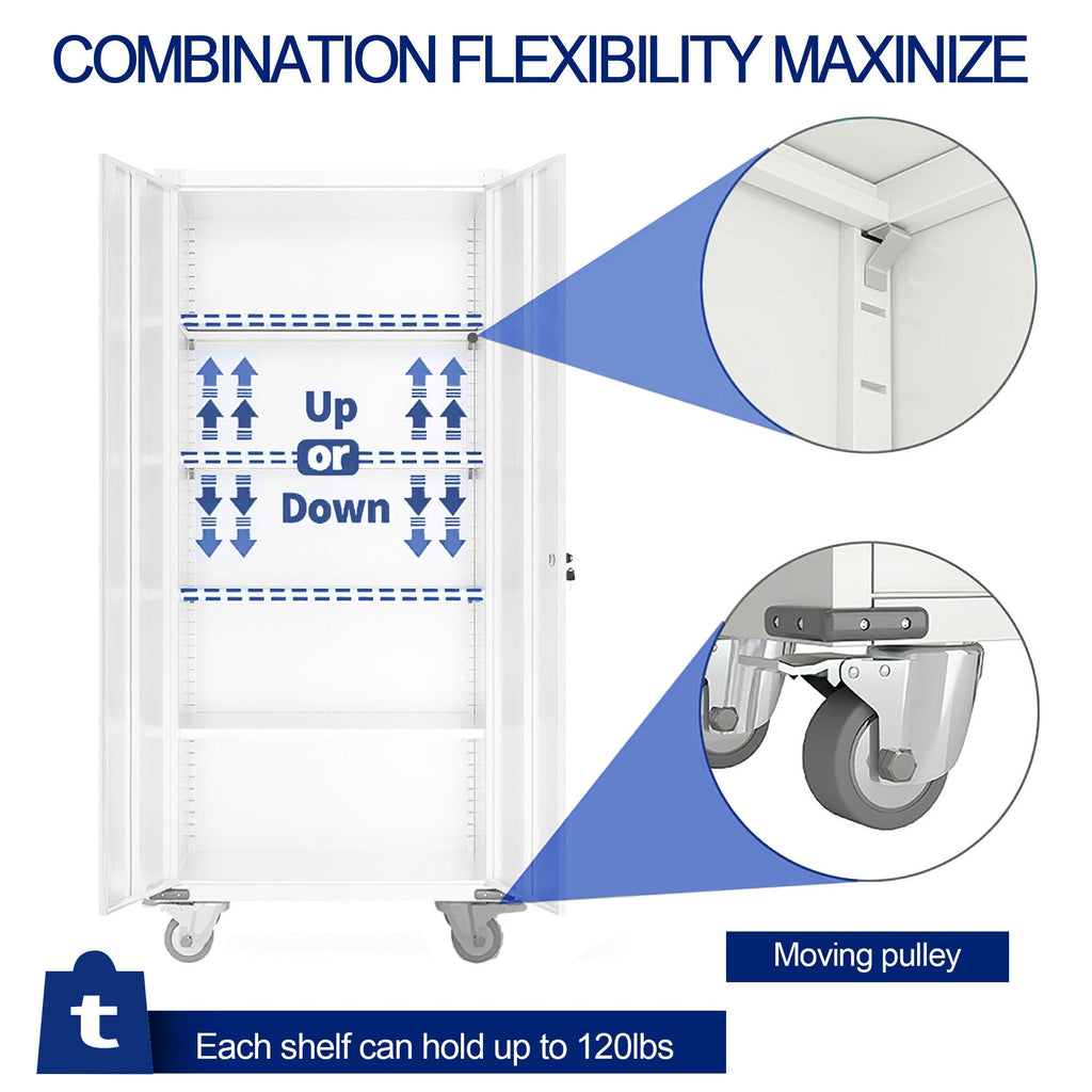 AOBABO 72” Locking Metal Garage Home Office Storage Cabinet with Wheels, White-*Hardware | Hardware Accessories | Tool Storage & Organization | Tool Cabinets & Chests-Grease Monkey Garage