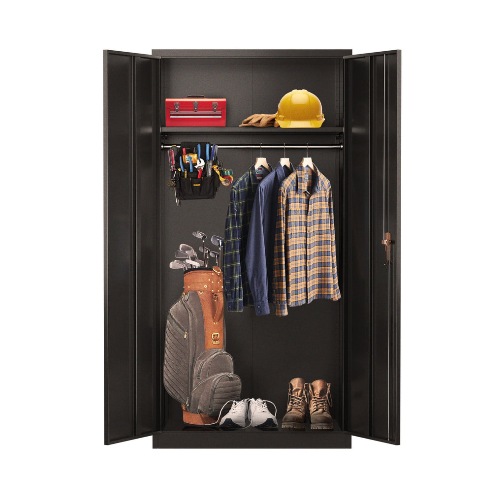 AOBABO Large Metal Storage Cabinet with Adjustable Shelf and Cloth Rail, Black-*Furniture | Cabinets & Storage | Armoires & Wardrobes-Grease Monkey Garage