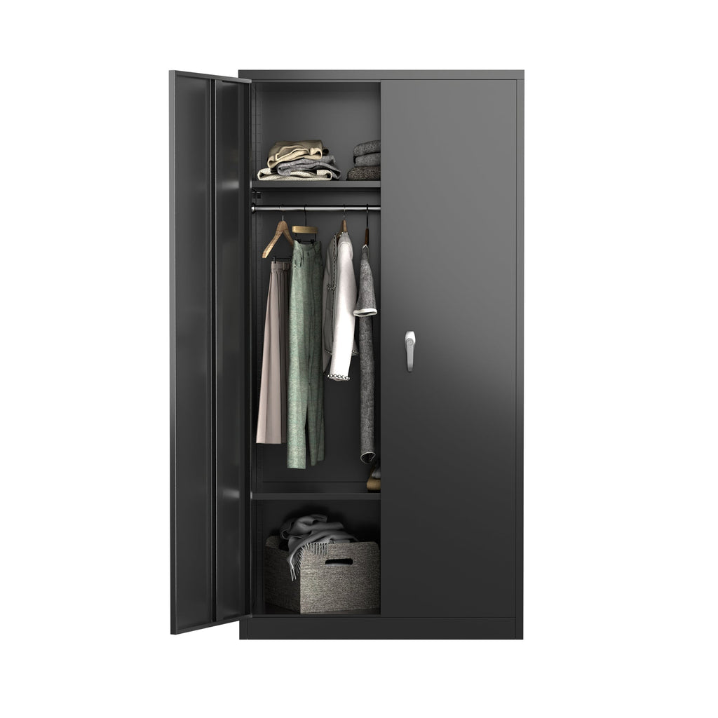 AOBABO Large Metal Storage Cabinet with Adjustable Shelf and Cloth Rail, Black-*Furniture | Cabinets & Storage | Armoires & Wardrobes-Grease Monkey Garage