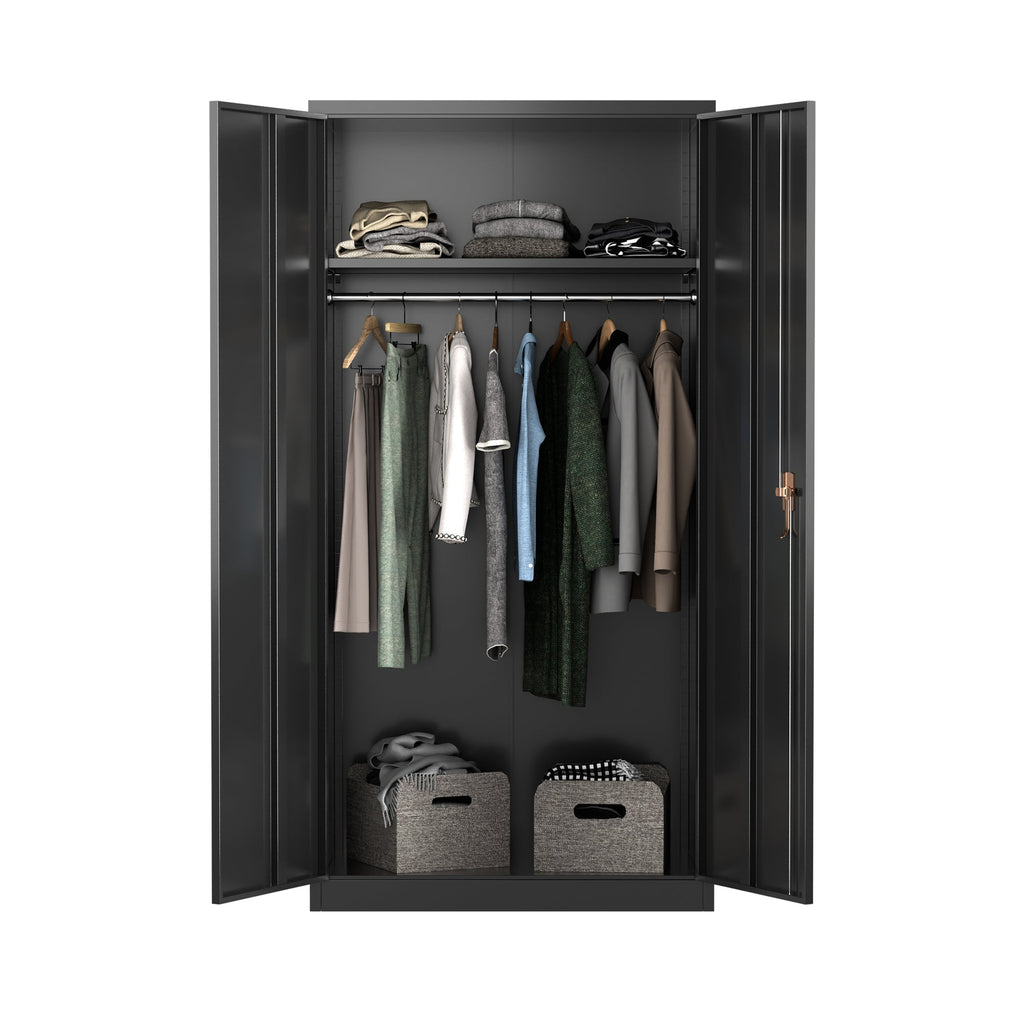 AOBABO Large Metal Storage Cabinet with Adjustable Shelf and Cloth Rail, Black-*Furniture | Cabinets & Storage | Armoires & Wardrobes-Grease Monkey Garage