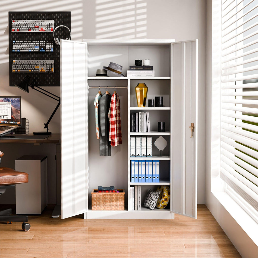 AOBABO Metal Storage Cabinet with 3 Adjustable Shelves and 1 Cloth Rail, White-Furniture | Cabinets & Storage | Armoires & Wardrobes-Grease Monkey Garage