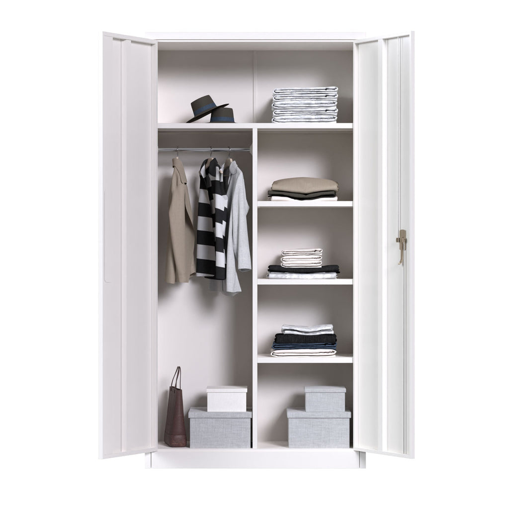 AOBABO Metal Storage Cabinet with 3 Adjustable Shelves and 1 Cloth Rail, White-Furniture | Cabinets & Storage | Armoires & Wardrobes-Grease Monkey Garage