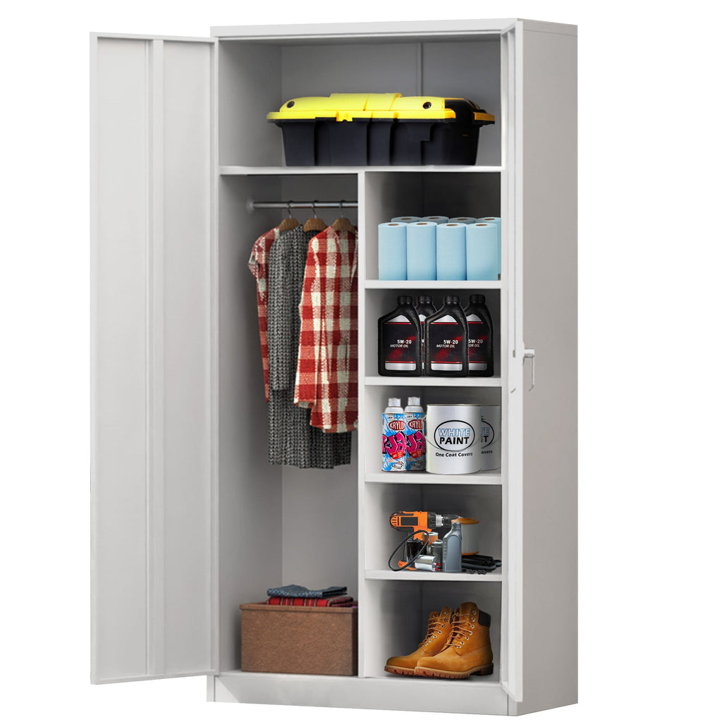 AOBABO Metal Storage Cabinet with 3 Adjustable Shelves and 1 Cloth Rail, White-Furniture | Cabinets & Storage | Armoires & Wardrobes-Grease Monkey Garage