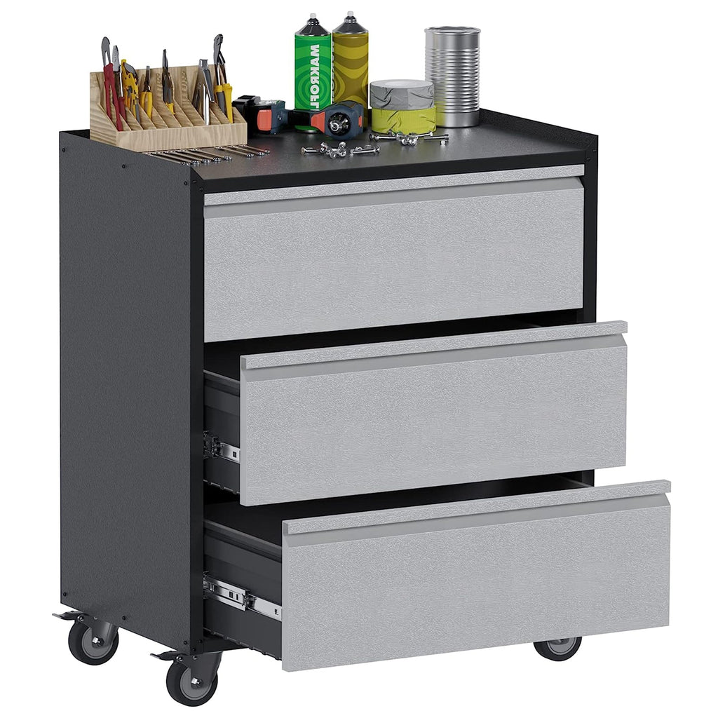 AOBABO Steel Rolling Tool Storage Chest 3 Drawer Cabinet with Wheels, Black/Grey-Office Supplies | Filing & Organization | File Boxes-Grease Monkey Garage