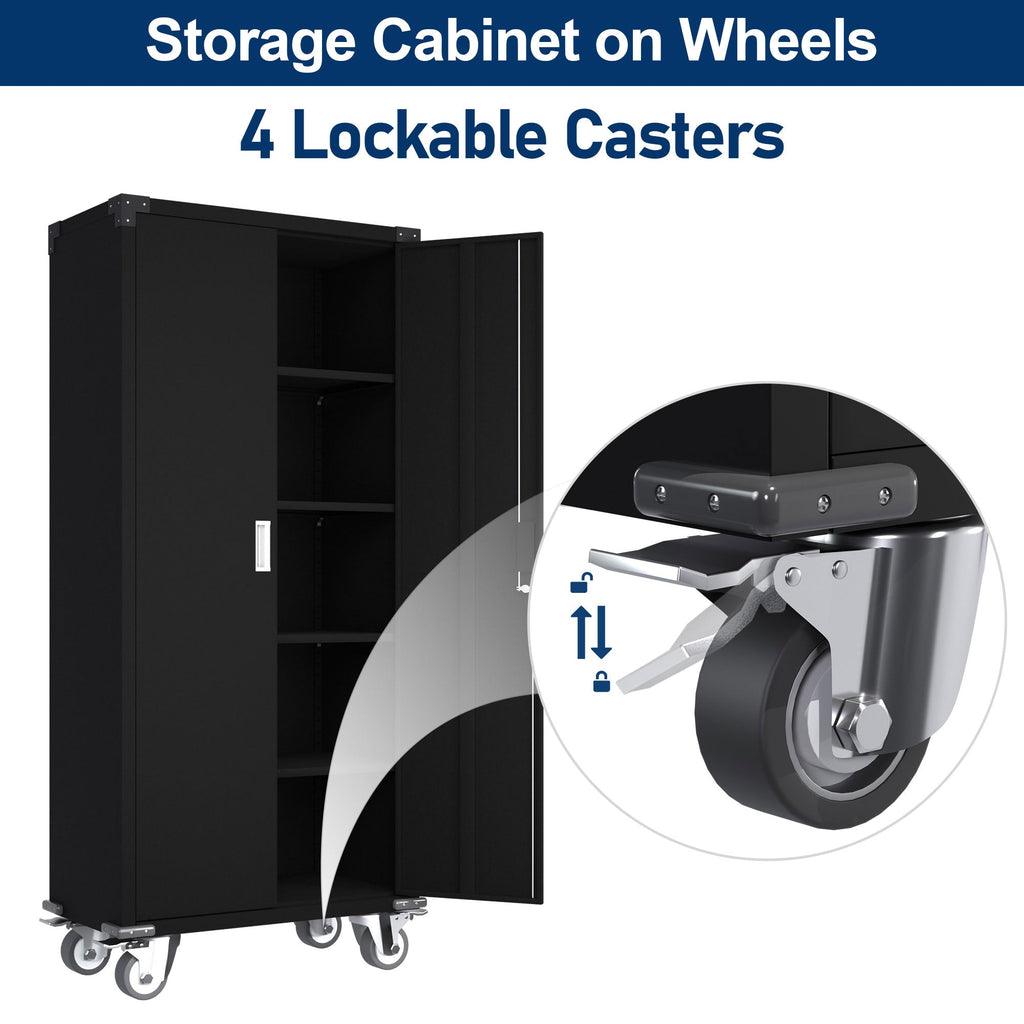 Aobabo 72 Inch Rolling Locking Storage Cabinet with Adjustable Shelves, Black-*Furniture | Cabinets & Storage | File Cabinets-Grease Monkey Garage