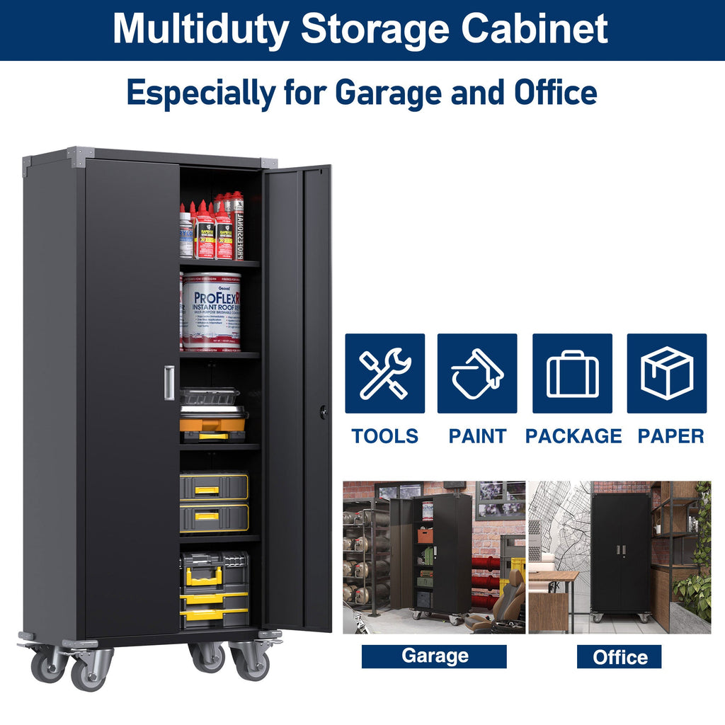 Aobabo 72 Inch Rolling Locking Storage Cabinet with Adjustable Shelves, Black-*Furniture | Cabinets & Storage | File Cabinets-Grease Monkey Garage