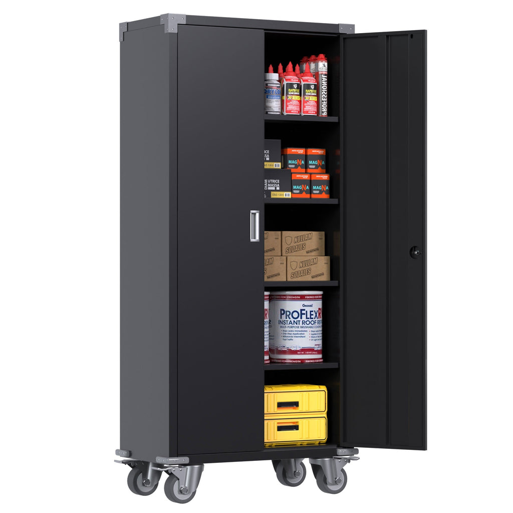 Aobabo 72 Inch Rolling Locking Storage Cabinet with Adjustable Shelves, Black-*Furniture | Cabinets & Storage | File Cabinets-Grease Monkey Garage