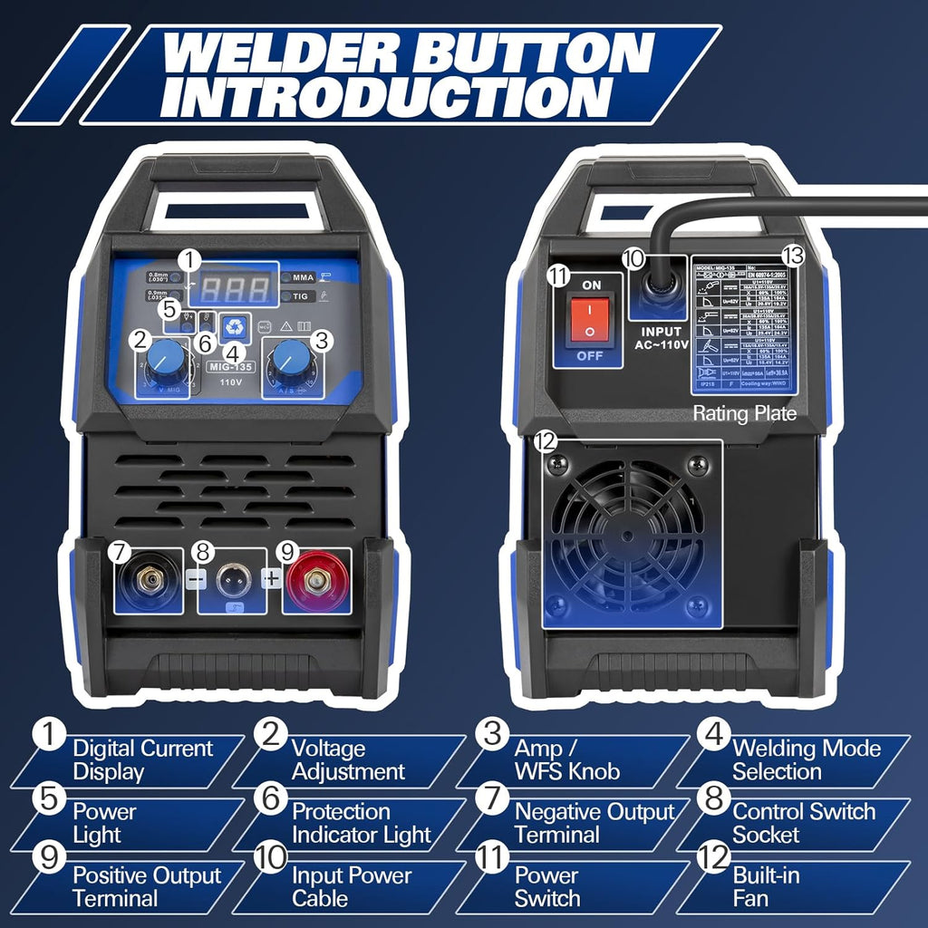 BILT HARD 110V MIG Welder, 135A Flux Core MIG/Lift TIG/Stick 3-in-1 Welding Machine with Auto Darkening Welding Helmet, Gloves, Welding Gun and 2lb Welding Wire, IGBT Inverter Welding Equipment Set-Welder-Grease Monkey Garage