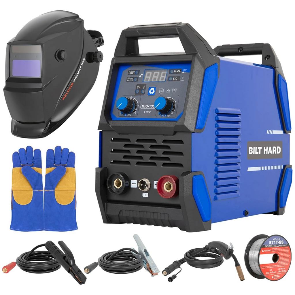 BILT HARD 110V MIG Welder, 135A Flux Core MIG/Lift TIG/Stick 3-in-1 Welding Machine with Auto Darkening Welding Helmet, Gloves, Welding Gun and 2lb Welding Wire, IGBT Inverter Welding Equipment Set-Welder-Grease Monkey Garage