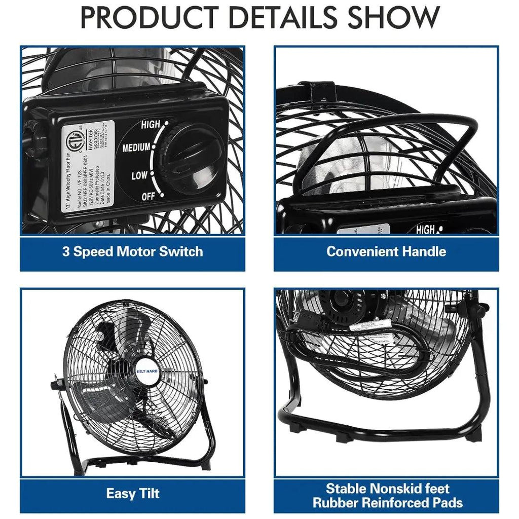 BILT HARD 12" 3-Speed High Velocity Heavy Duty Metal Floor Fan, 1650 CFM, 180-Degree Tilt, Powerful Airflow Fan-Fan-Grease Monkey Garage