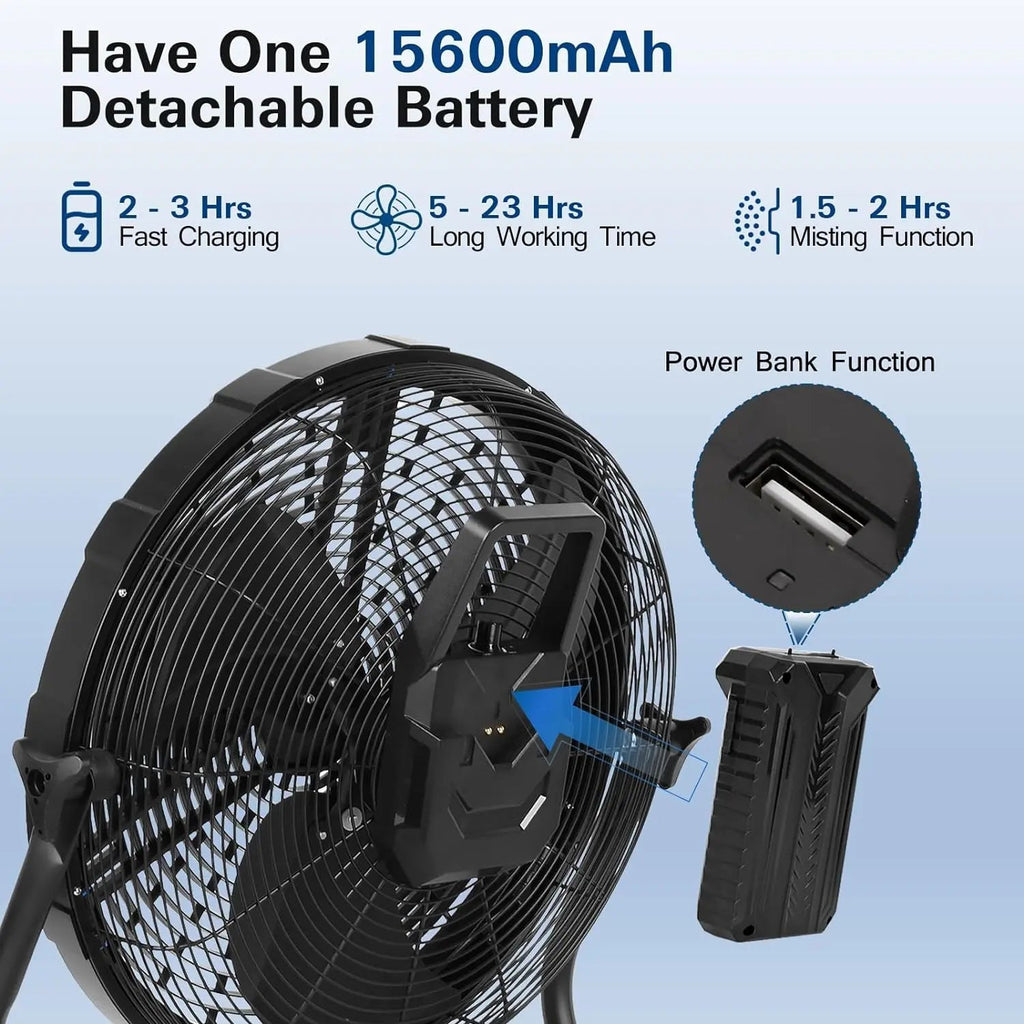 BILT HARD 12 Inch Battery Operated Outdoor Portable Misting Fan, Rechargeable Portable Floor Fan with 15600mAh Detachable Battery for Outside-Fan-Grease Monkey Garage