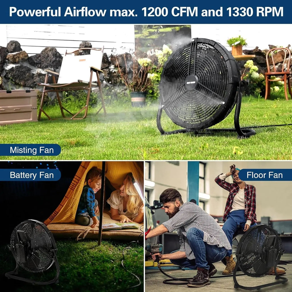 BILT HARD 12 Inch Battery Operated Outdoor Portable Misting Fan, Rechargeable Portable Floor Fan with 15600mAh Detachable Battery for Outside-Fan-Grease Monkey Garage