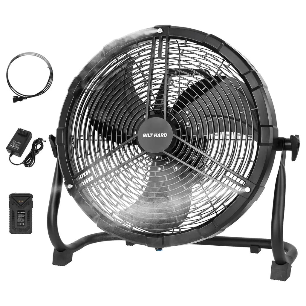 BILT HARD 12 Inch Battery Operated Outdoor Portable Misting Fan, Rechargeable Portable Floor Fan with 15600mAh Detachable Battery for Outside-Fan-Grease Monkey Garage