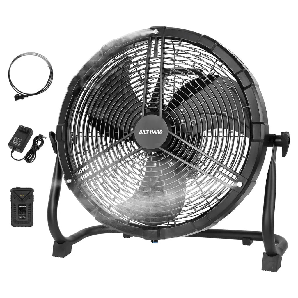 BILT HARD 16 Inch Outdoor Portable Misting Fan, Battery Operated Misting Fan with 15600mAh Detachable Battery & Misting Function, Outside Rechargeable Portable Floor Fan-Fan-Grease Monkey Garage