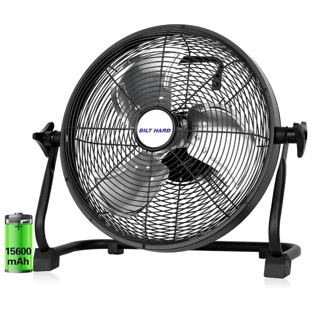 BILT HARD 16 Inch Rechargeable Battery Operated Outdoor Floor Fan, 15600mAh Battery Powered High Velocity Portable Fan with Metal Blade, Run All Day, USB Output-Grease Monkey Garage