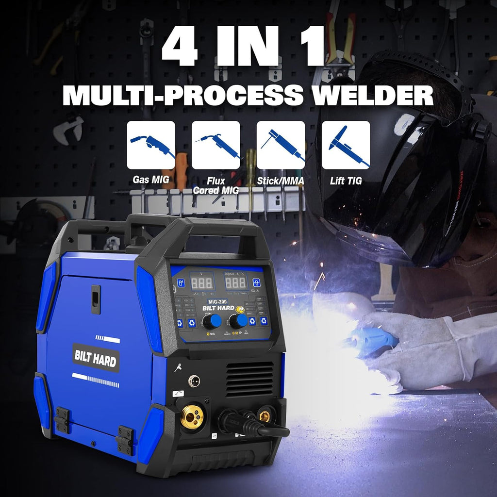 BILT HARD 200A MIG Welder, MIG/Flux Core MIG/Lift TIG/Stick 4-in-1 Welding Machine w/IGBT Inverter, 110V/220V Multi-Process Welder with Screen Display-Welder-Grease Monkey Garage