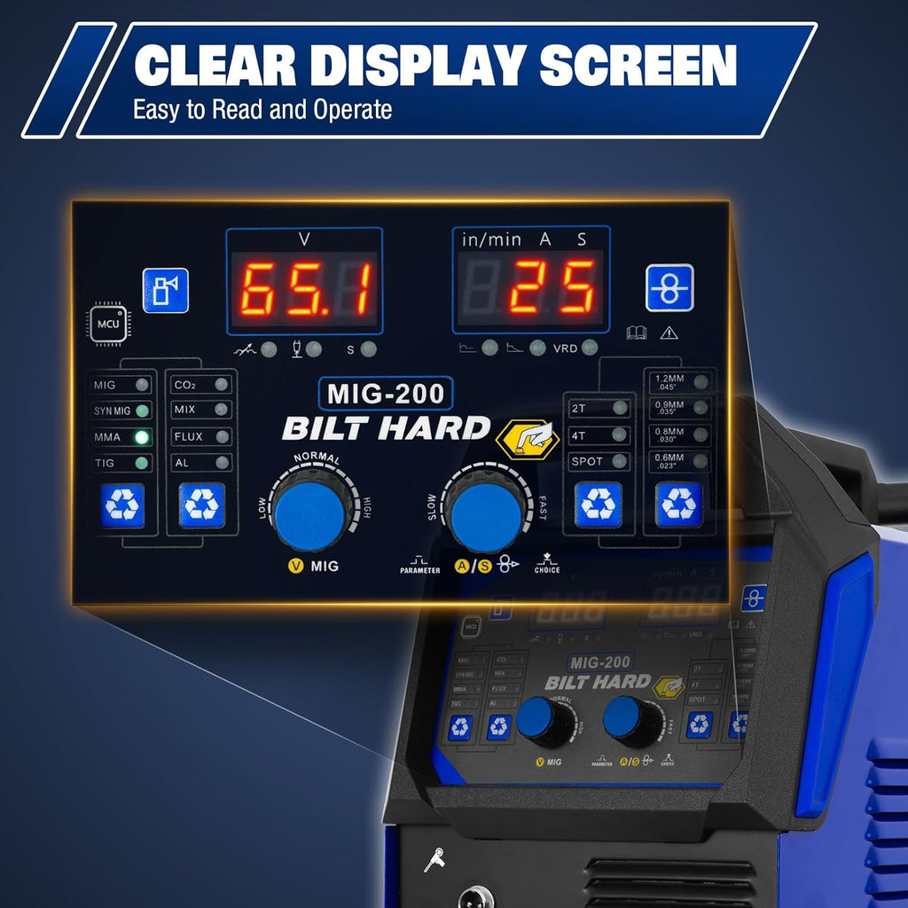 BILT HARD 200A MIG Welder, MIG/Flux Core MIG/Lift TIG/Stick 4-in-1 Welding Machine w/IGBT Inverter, 110V/220V Multi-Process Welder with Screen Display-Welder-Grease Monkey Garage