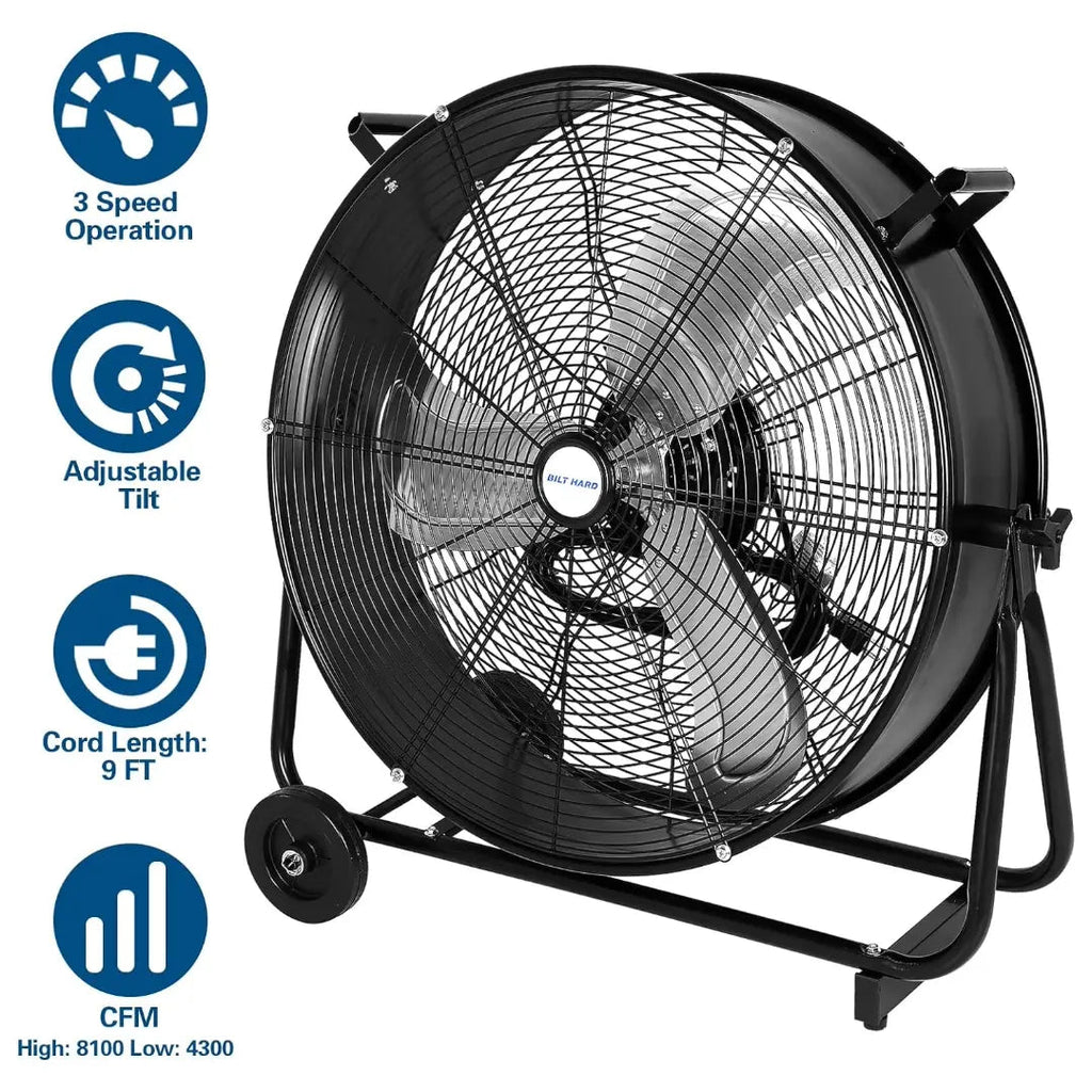 BILT HARD 24" 8100 CFM High Velocity Industrial Drum Fan, 3-Speed Heavy Duty Metal Shop Fan, UL Listed-Fan-Grease Monkey Garage