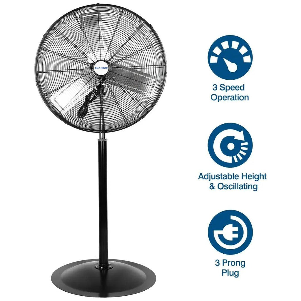 BILT HARD 24" High Velocity Pedestal Oscillating Fan, 6450 CFM 3-Speed Heavy Duty Industrial Standing Fan with Aluminum Blades and Adjustable Height, Metal Shop Fan-Fan-Grease Monkey Garage