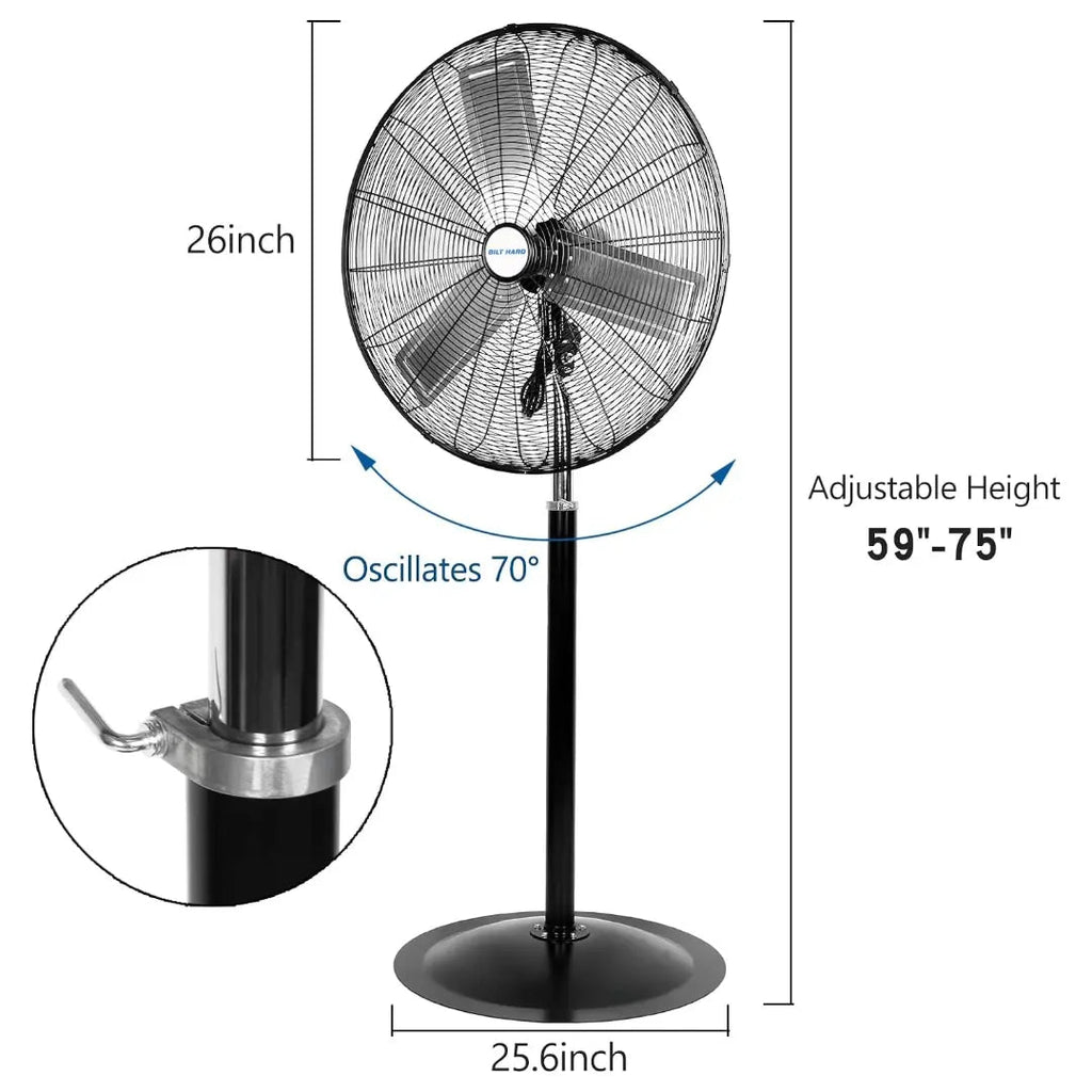 BILT HARD 24" High Velocity Pedestal Oscillating Fan, 6450 CFM 3-Speed Heavy Duty Industrial Standing Fan with Aluminum Blades and Adjustable Height, Metal Shop Fan-Fan-Grease Monkey Garage