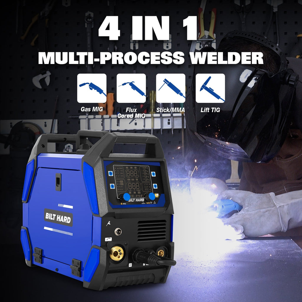 BILT HARD 250A MIG Welder, Gas MIG/Flux Core MIG/Lift TIG/Stick 4-in-1 Welding Machine, 110V/220V Multi-Process Welder w/LED Display, IGBT Inverter-Welder-Grease Monkey Garage