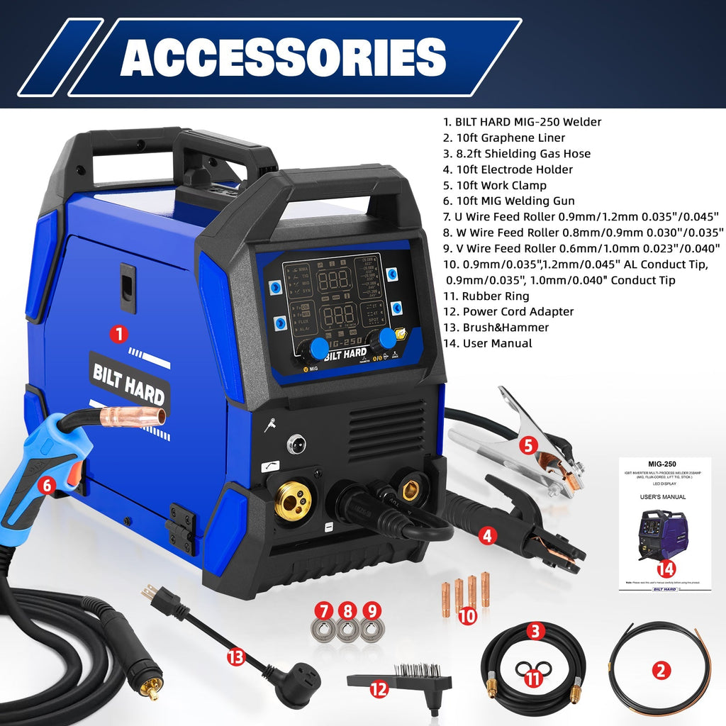 BILT HARD 250A MIG Welder, Gas MIG/Flux Core MIG/Lift TIG/Stick 4-in-1 Welding Machine, 110V/220V Multi-Process Welder w/LED Display, IGBT Inverter-Welder-Grease Monkey Garage