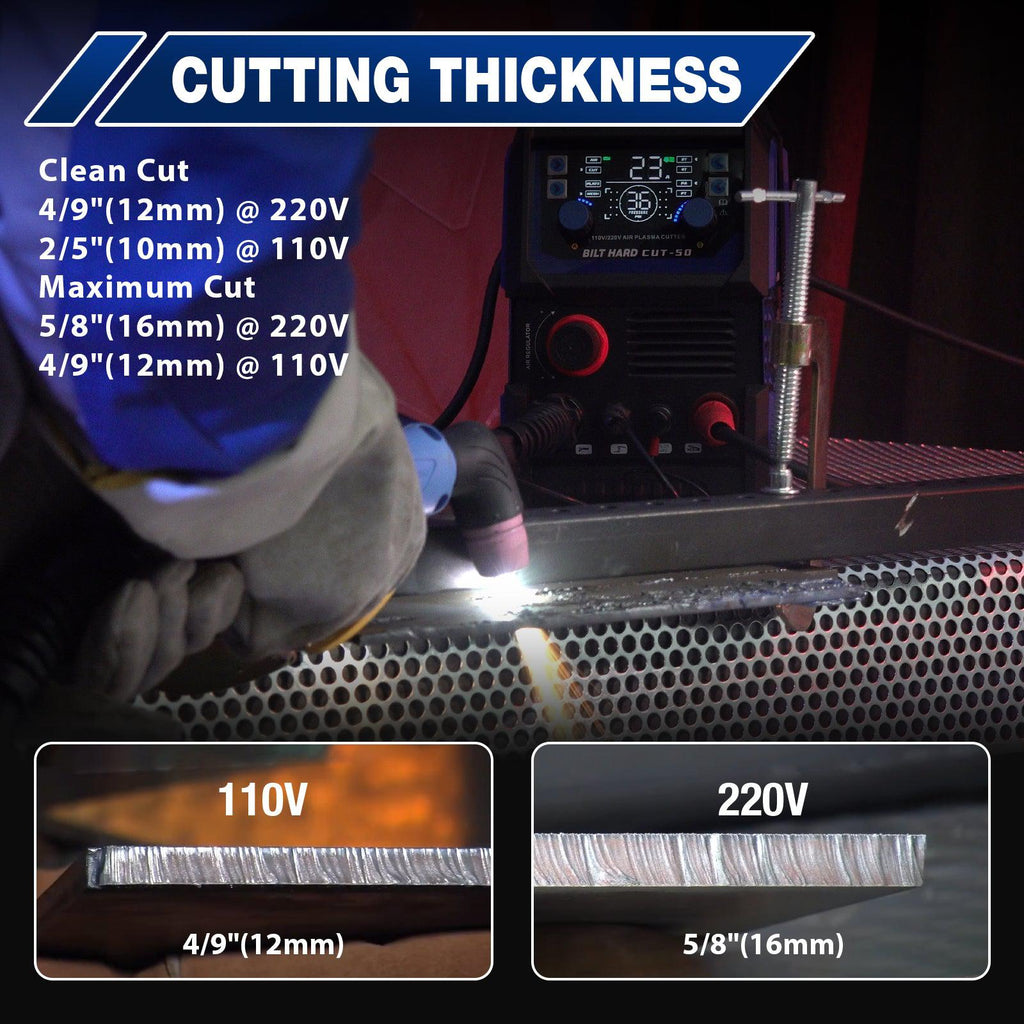 BILT HARD 50A Plasma Cutter, 110V/220V Dual Voltage Pilot Arc Plasma Cutter Machine, 5/8 inch Maximum Cut, IGBT Plasma Cutting Machine with Display Screen-Grease Monkey Garage