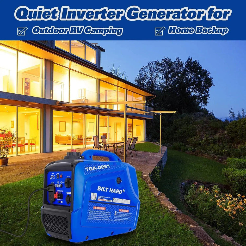 BILT HARD Generator 2500 Watt, Quiet Inverter Portable Generator 80cc 4 Stroke Engine, 120V AC Duplex Receptacle and 12V DC Output, Outdoor Generators for Home Backup Use and RV Ready-Generator-Grease Monkey Garage