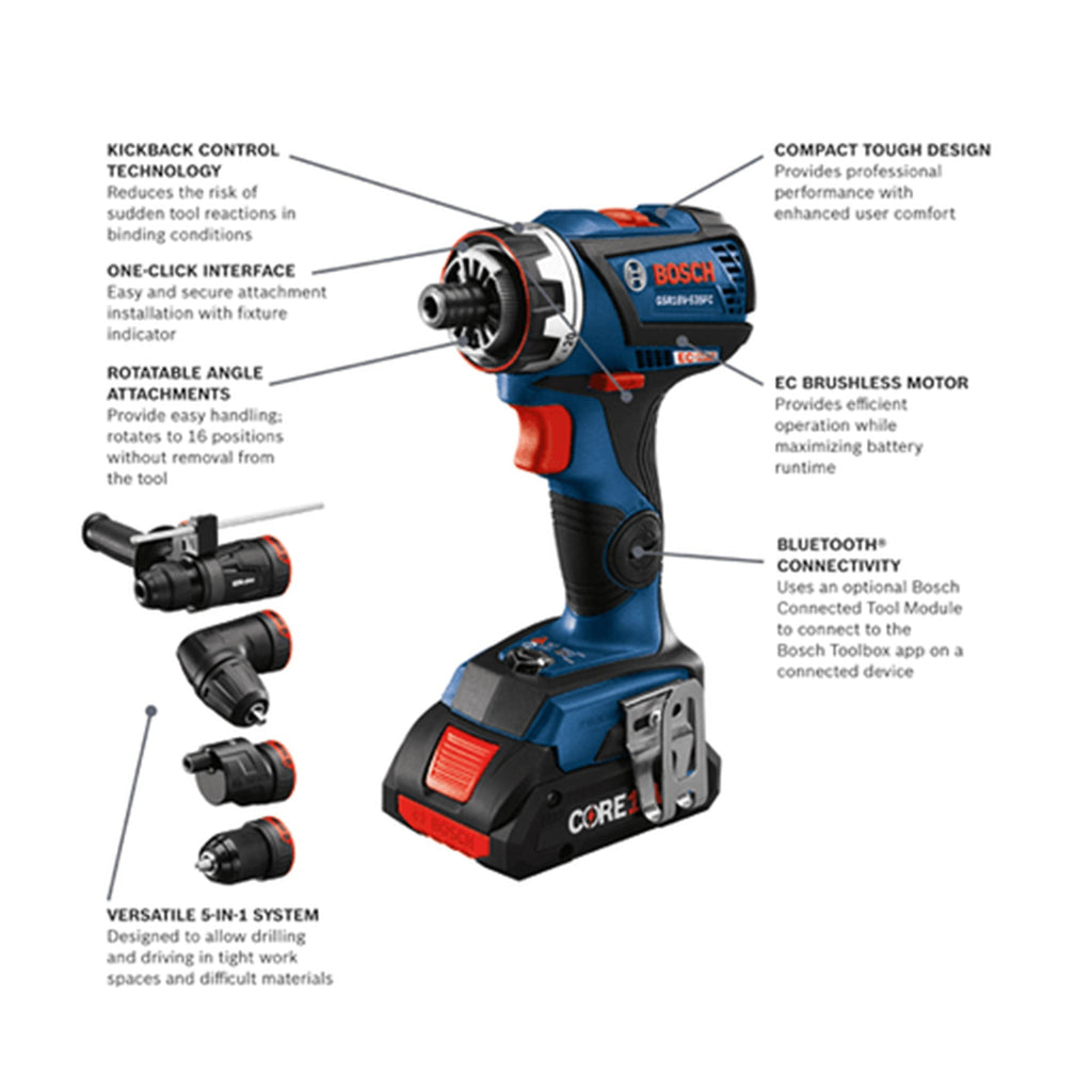 Bosch 1900 RPM Compact Design 5 In 1 Drill Driver with CORE18V 4.0Ah Battery-*Hardware | Tools | Drills | Handheld Power Drills-Grease Monkey Garage