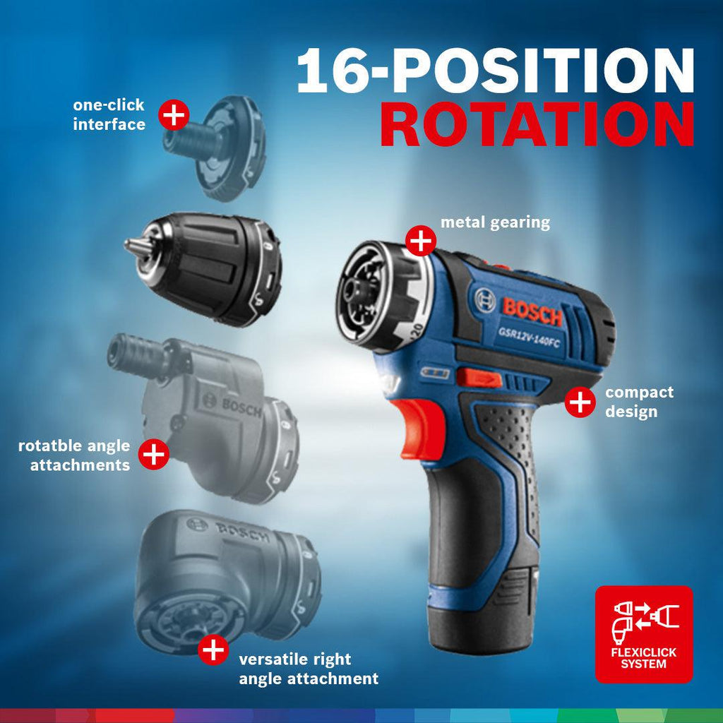 Bosch 5-In-1 Drill/Driver with Flexiclick System and 12 Volt 2.0 Ah Batteries-*Hardware | Tools | Drills | Handheld Power Drills-Grease Monkey Garage