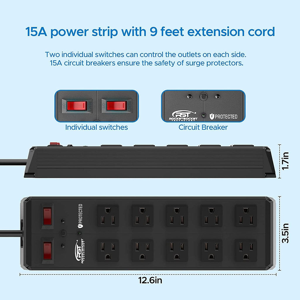 CRST 10 Outlets 1020Joules Heavy Duty Metal Power Strip Surge Protector, 9FT Flat Plug Power Cord-surge protector power strip-Grease Monkey Garage