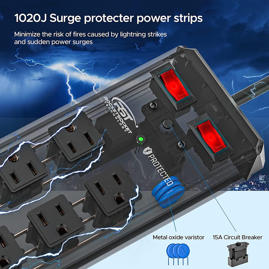 CRST 10 Outlets 1020Joules Heavy Duty Metal Power Strip Surge Protector, 9FT Flat Plug Power Cord-surge protector power strip-Grease Monkey Garage