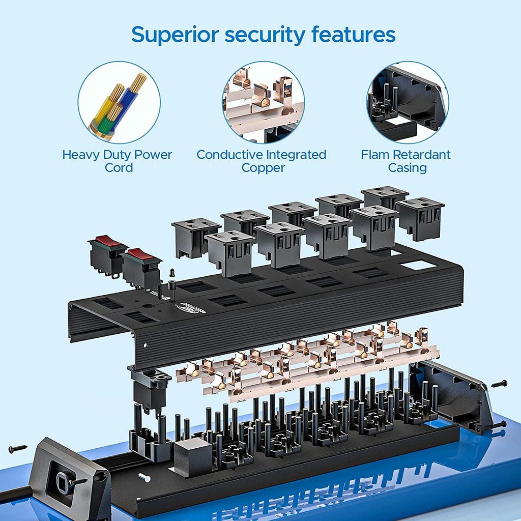 CRST 10 Outlets 1020Joules Heavy Duty Metal Power Strip Surge Protector, 9FT Flat Plug Power Cord-surge protector power strip-Grease Monkey Garage