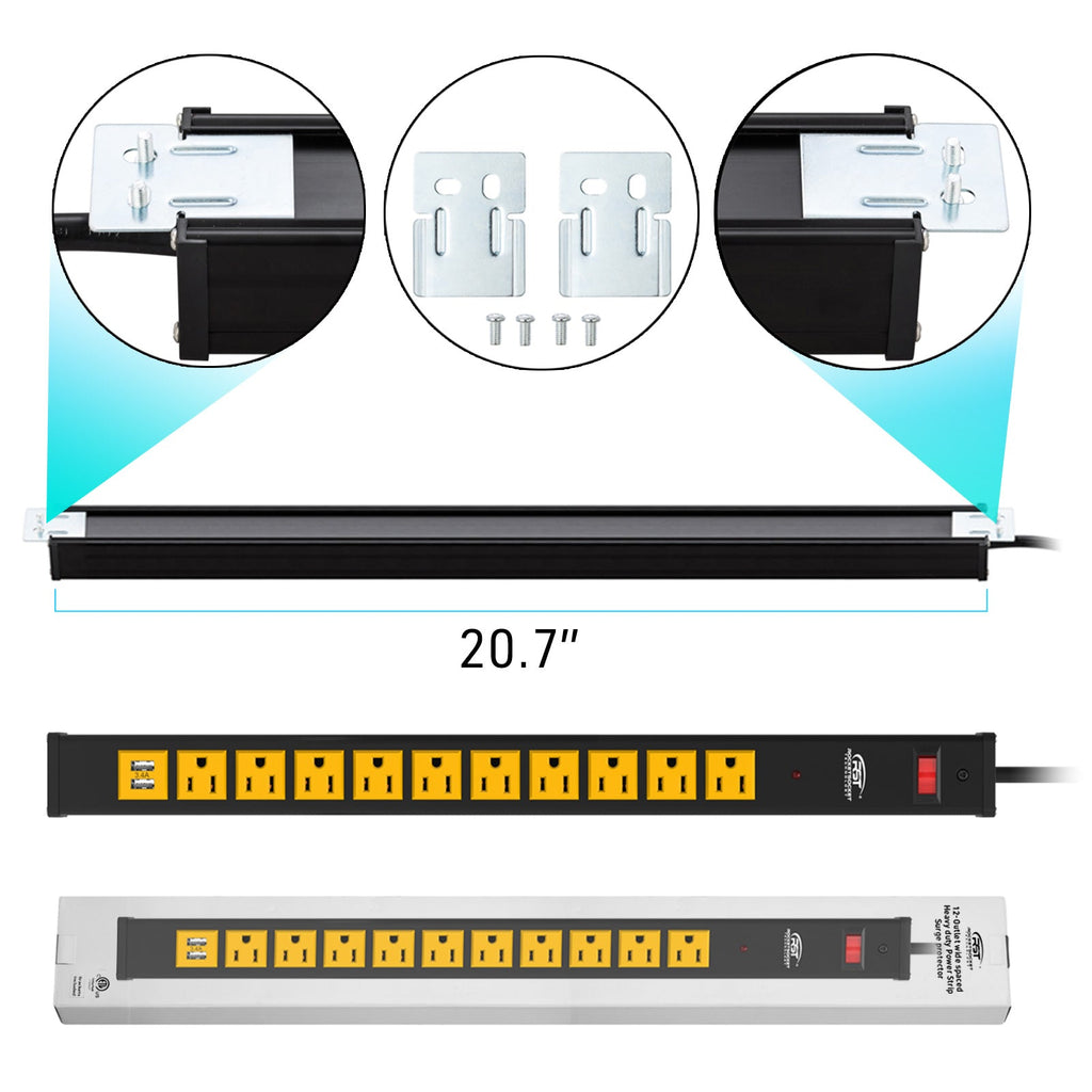 CRST 10 Outlets Dural USB Mountable Heavy Duty Metal Power Strip Surge Protector, 6FT Flat Plug Power Cord, Mounting Brackets Included-power strip-Grease Monkey Garage