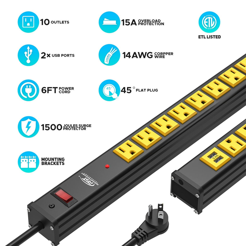 CRST 10 Outlets Dural USB Mountable Heavy Duty Metal Power Strip Surge Protector, 6FT Flat Plug Power Cord, Mounting Brackets Included-power strip-Grease Monkey Garage