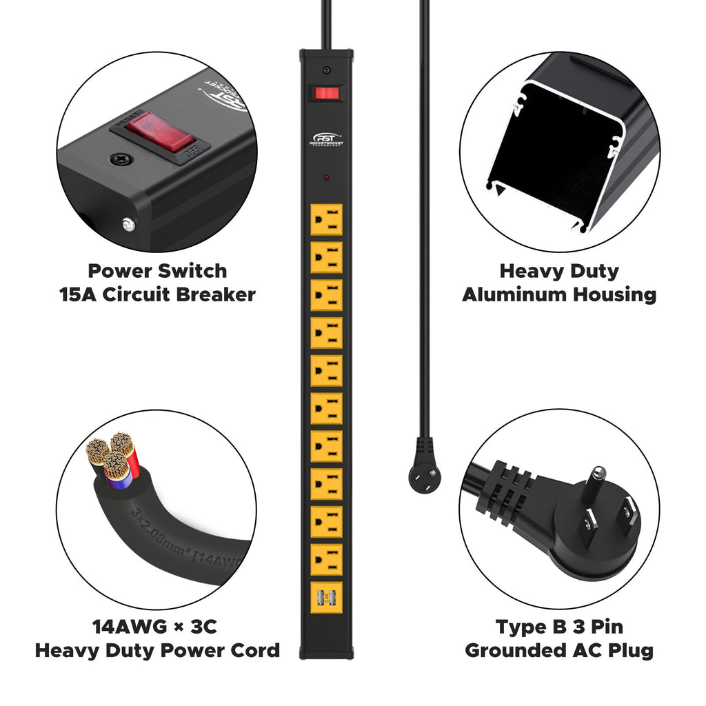 CRST 10 Outlets Dural USB Mountable Heavy Duty Metal Power Strip Surge Protector, 6FT Flat Plug Power Cord, Mounting Brackets Included-power strip-Grease Monkey Garage