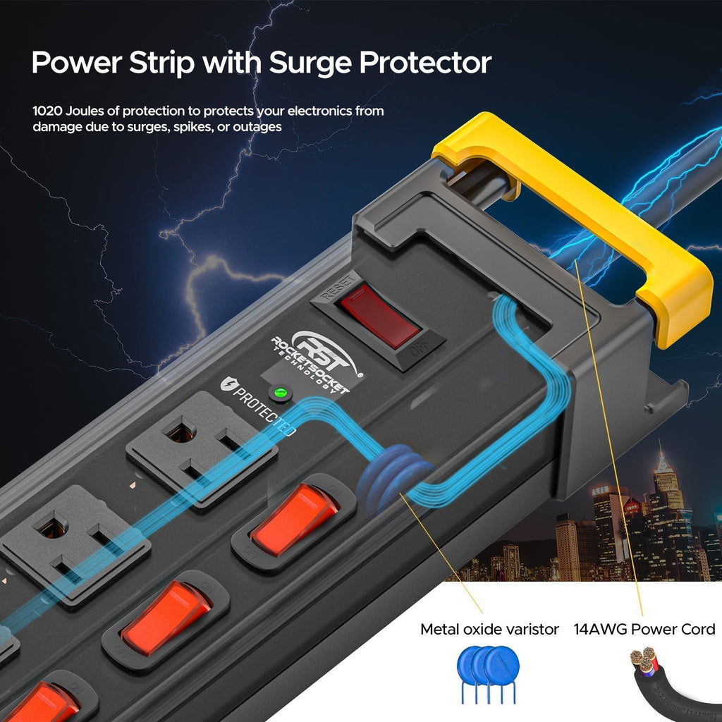 CRST 12 Outlets Individual Switches Power Strip Surge Protector with Cord Holding Design, 9FT Flat Plug Power Cord-surge protector power strip-Grease Monkey Garage