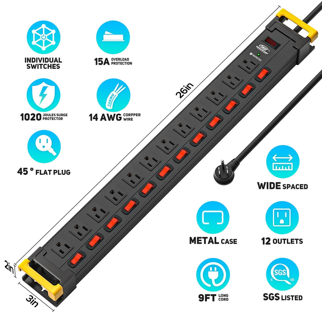 CRST 12 Outlets Individual Switches Power Strip Surge Protector with Cord Holding Design, 9FT Flat Plug Power Cord-surge protector power strip-Grease Monkey Garage