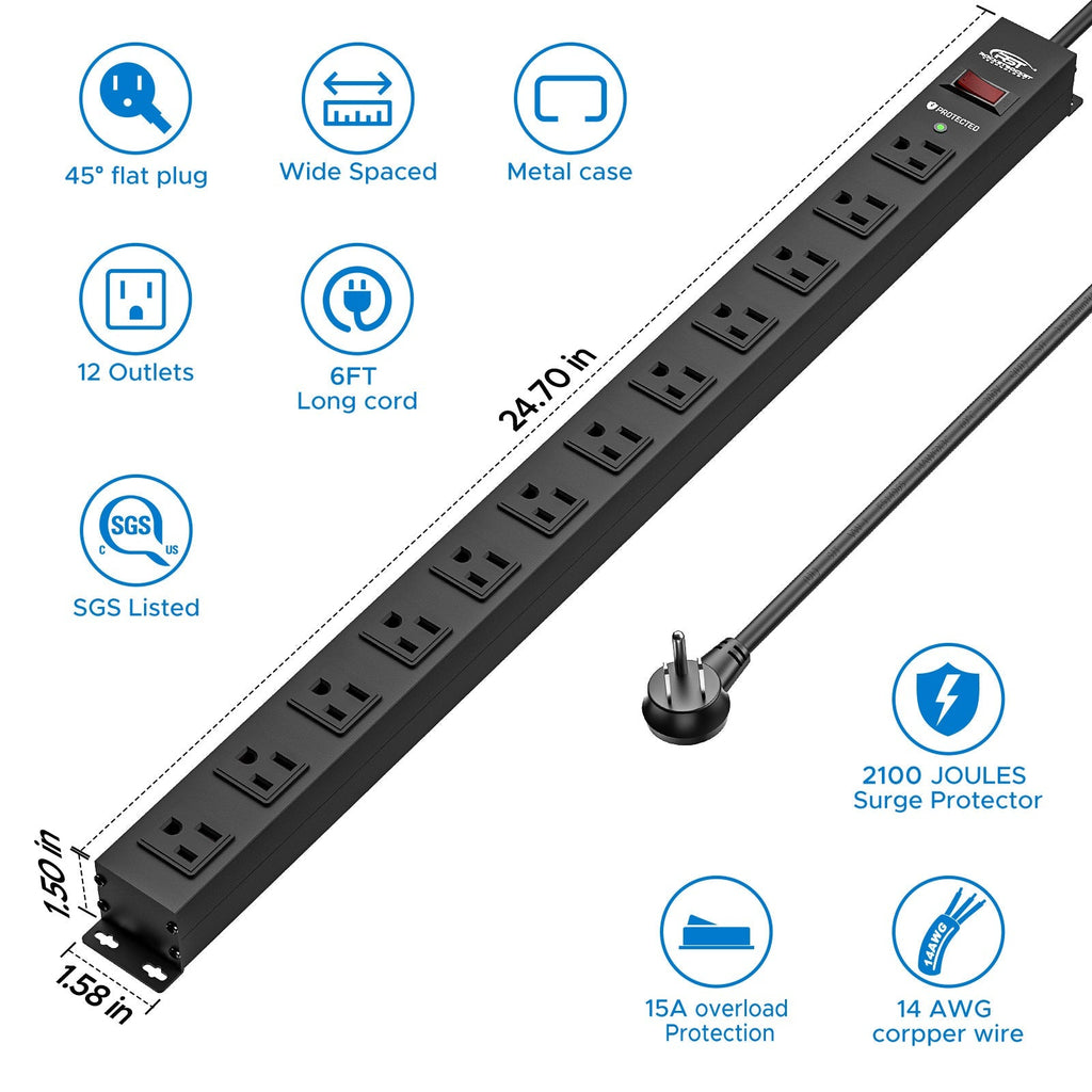 CRST 12 Outlets Wide Spaced Mountable Metal Power Strip Surge Protector, Optional 15FT or 6FT Flat Plug Power Cord-Surge protector Power strip-Grease Monkey Garage