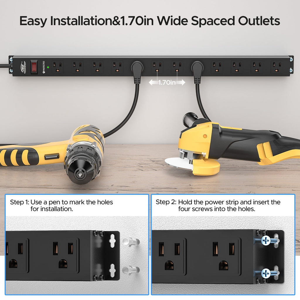 CRST 12 Outlets Wide Spaced Mountable Metal Power Strip Surge Protector, Optional 15FT or 6FT Flat Plug Power Cord-Surge protector Power strip-Grease Monkey Garage