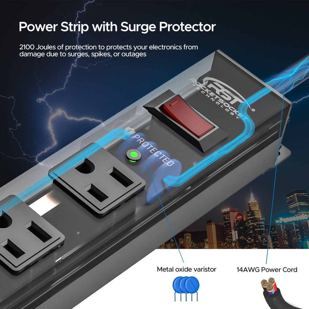 CRST 12 Outlets Wide Spaced Mountable Metal Power Strip Surge Protector, Optional 15FT or 6FT Flat Plug Power Cord-Surge protector Power strip-Grease Monkey Garage