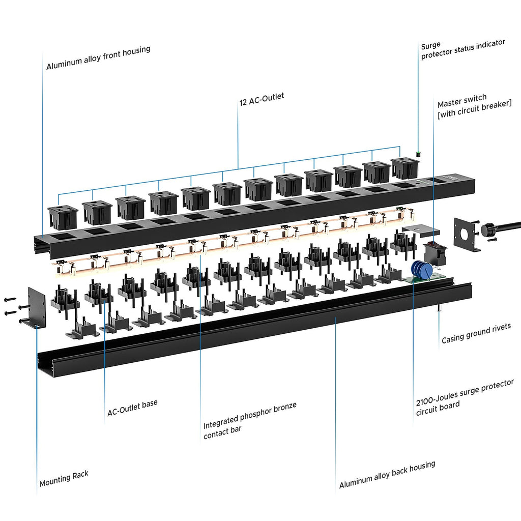 CRST 12 Outlets Wide Spaced Mountable Metal Power Strip Surge Protector, Optional 15FT or 6FT Flat Plug Power Cord-Surge protector Power strip-Grease Monkey Garage